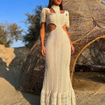 Sexy White Lace Dress Turtleneck Tassel Sleeve Slim Hollow Out Waist Long Dress Spring Summer Beach Maxi Dress