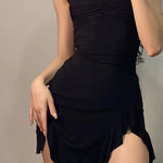 Elegant Black Ruched Asymmetrical Mini Dress Sexy Side Slit Ruffled Party Dress