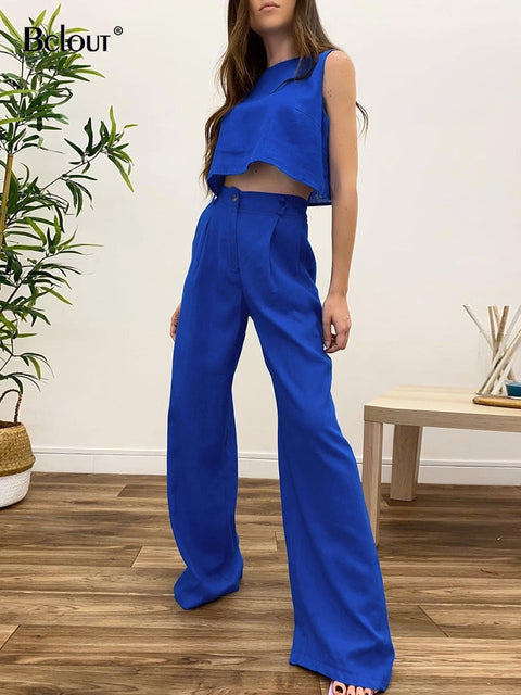 Women's 2 Piece Summer Cotton/Poly Long Pants Set Crop Top & Wide Leg Pant
