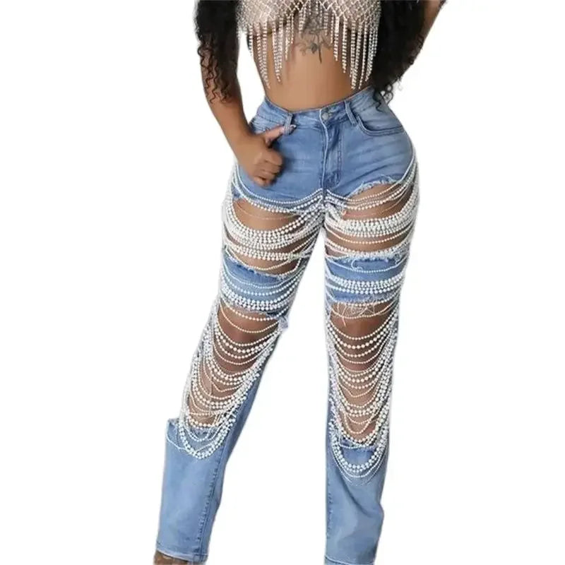 New Fashion Beaded Chain Spliced Straight Jeans for Women Large Holes Hollow Out Denim Pants Trendy Streetwear Jeans