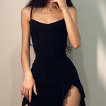 Elegant Black Ruched Asymmetrical Mini Dress Sexy Side Slit Ruffled Party Dress