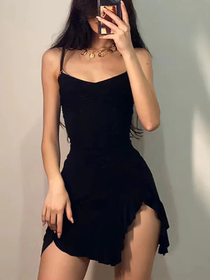 Elegant Black Ruched Asymmetrical Mini Dress Sexy Side Slit Ruffled Party Dress