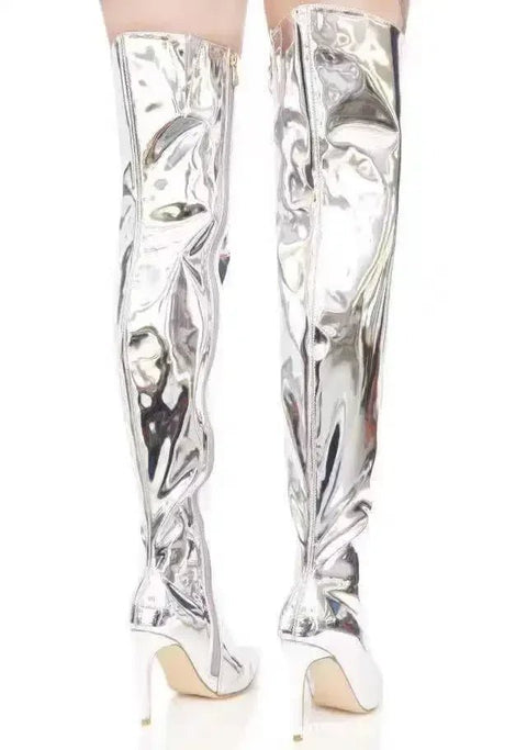 over knee pu leather womens boots silver