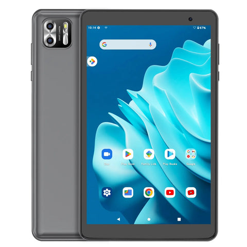 An 8-inch tablet computer with a blue screen displaying multiple app icons, a camera on the back, and a Google Assistant icon on the side.