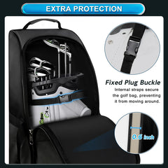 Black golf bag with tools and fixed plug buckle feature, showing close-ups of the buckle and straps.