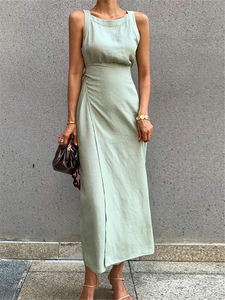 Women's Summer Long Vintage Dress Cotton Poly Blend Sash Sleeveless Dress