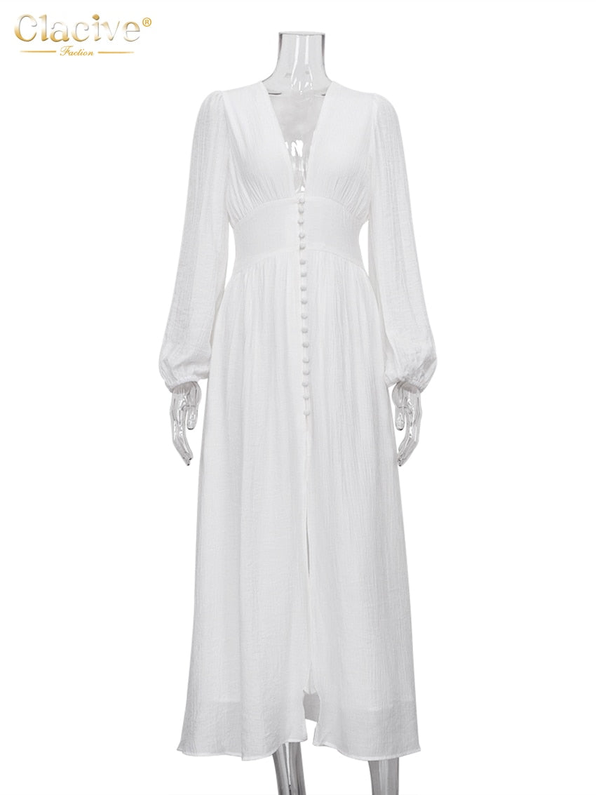 Women's White Long Dress Elegant Puff Sleeve V-Neck Dress with Buttons