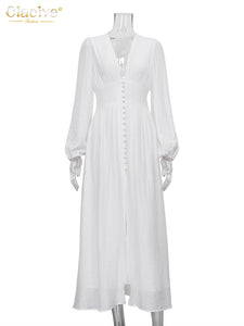 Women's White Long Dress Elegant Puff Sleeve V-Neck Dress with Buttons