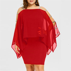 Plus Size Cold Shoulder Cape Dress with Sheer Overlay  Asymmetric Chiffon Strapless Mini Dress