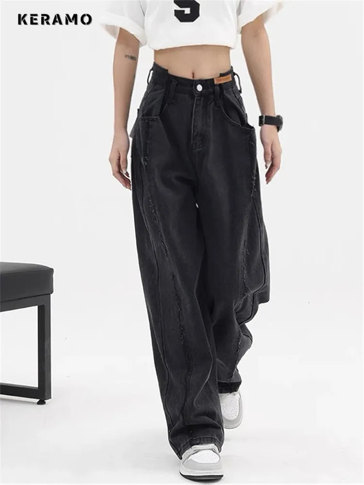 Women's Baggy  Long Jeans Black Wide Leg Trousers Streetwear Vintage High Waist Denim Pants Big Pocket