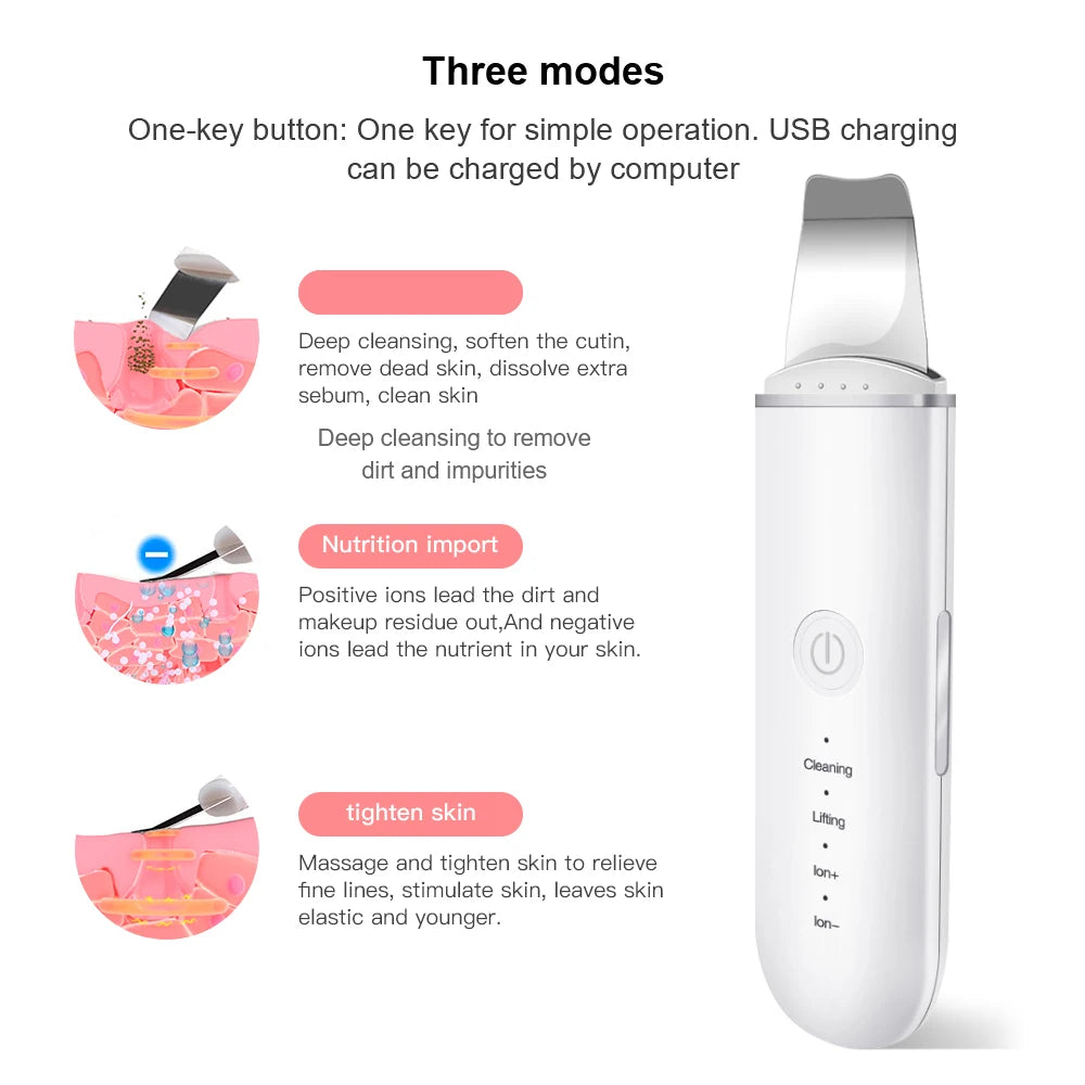 Rechargeable Ultrasonic Facial Skin Scrubber Vibration Face Soft Spatula Blackhead Remover Device Clean Cavitation for Facial Skin Tightening Deep Cleansing