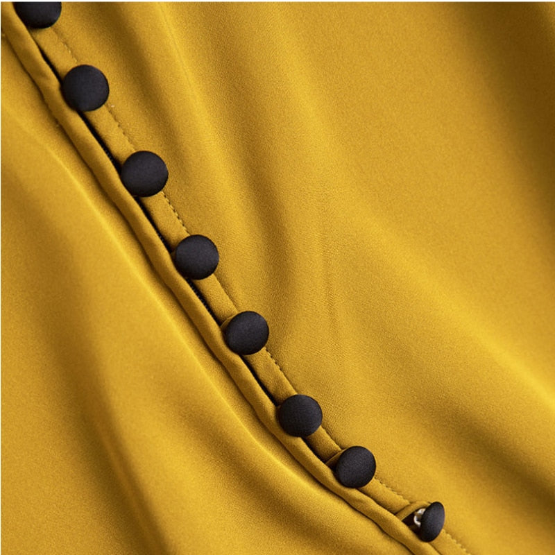 Women's Yellow and Black Satin Shirt Spring Autumn Fashion Long Sleeve Button Blouse