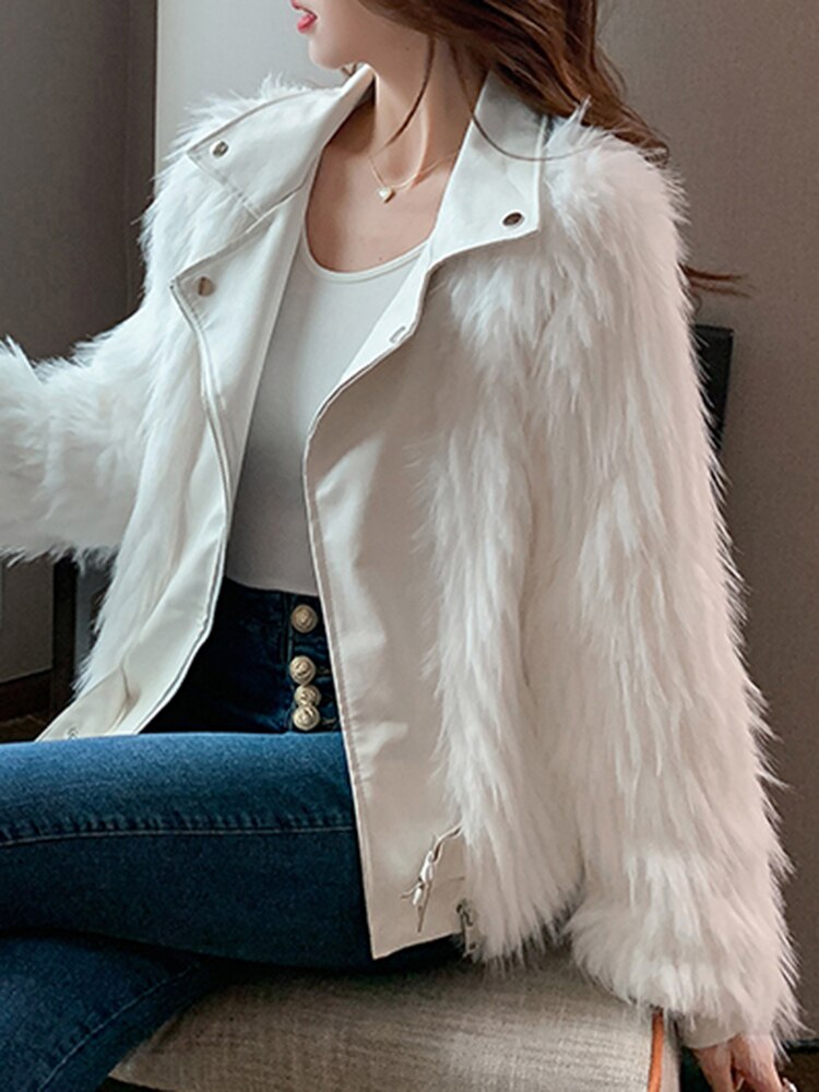 Women's Long Sleeve Short Faux Fur Coat  Zipper Sashes White Turn-down Collar