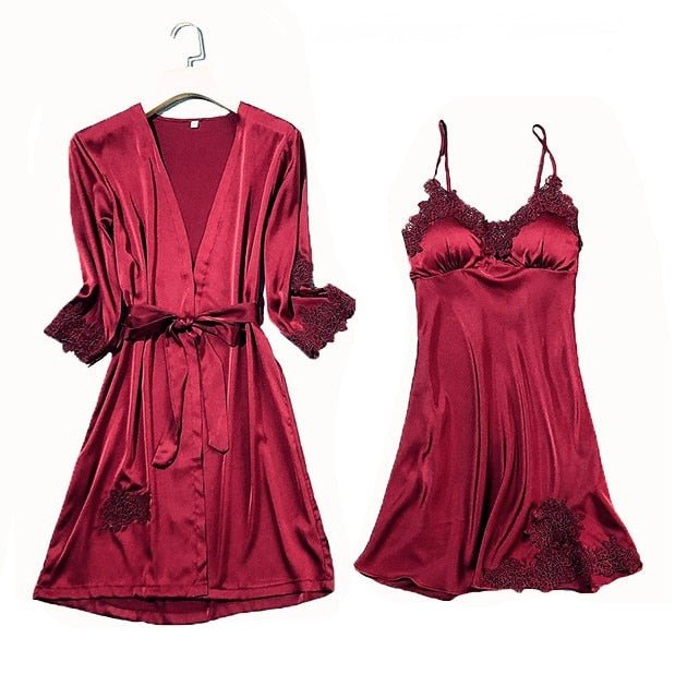 Satin Lace Pajama Set Women 2-5 Piece Night Robe Gown Sleepwear Casual Loungewear Fashion