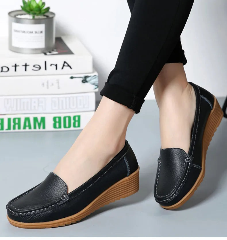 Women's Wedge Heel Shoes New Leather Slip On Loafers Casual Flats