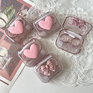 Contact Lens Case Pink Transparent Heart Bow Contact Lens Case for Girl Portable Beauty Storage Eye Care Container Box