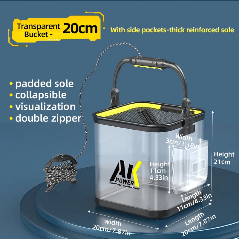 Transparent bucket with measurements and features on a blue background