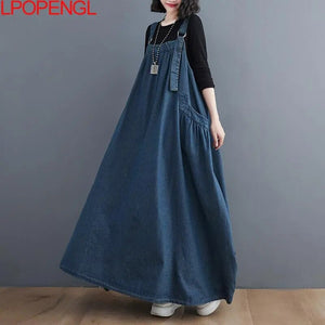Women's Autumn Spring Denim Dress Spaghetti Strap Loose Temperament Oversized  Ankle-Length Dress
