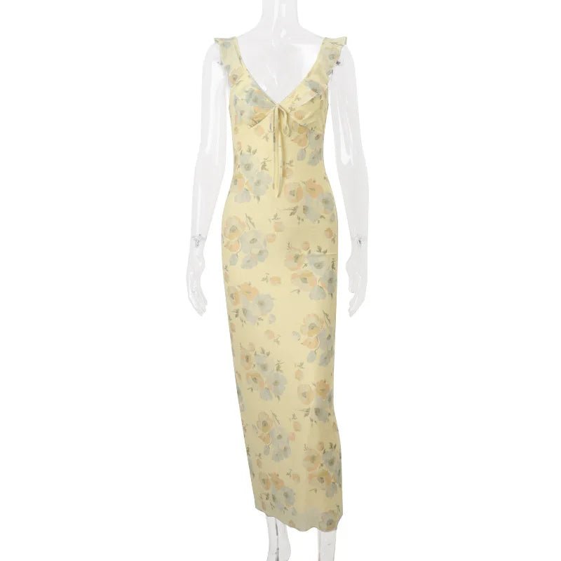 Floral Yellow Spaghetti Strap Maxi Dress Women Deep V-Neck Backless Bow Tie Party