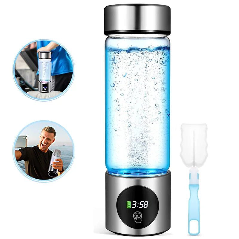 Hydrogen water generator with digital display and blue liquid inside, on a white background.