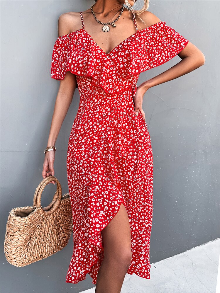 Elegant Floral Print Midi Dress for Women Summer Sexy Backless Ruffle with Slit Off Shoulder Irregular Hem Dress