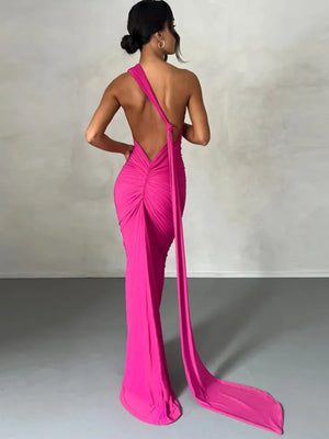 Women's Oblique One Shoulder Backless Maxi Dress Summer Spring Gown Back Strap Sleeveless Ruched Party Sexy Long Dress