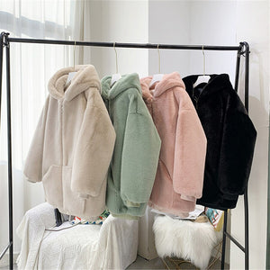 Women's Warm Thick Overcoat Faux Fur Coat Hooded Fleece Jacket with Zipper and Pockets