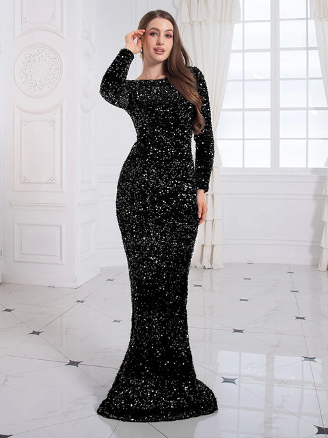 Royal Blue Long Sleeve Sequin Mermaid Dress Women Bodycon Floor Length Elegant Evening Party