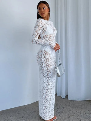 Sexy O-Neck Long Sleeve Hollow Out White Lace Maxi Dress Elegant See-Through Bodycon Party Dresses