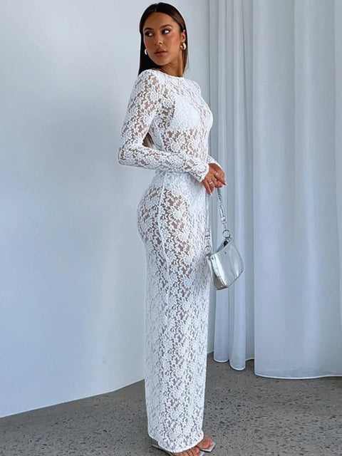 Maxi Dress Women O-Neck Long Sleeve Hollow Out White Lace Sheer Bodycon Elegant Party Dress