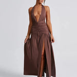 Elegant Halter Maxi Dress with High Slit in Deep Burgundy Black & White Colors