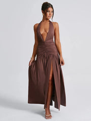 Elegant Halter Maxi Dress with High Slit in Deep Burgundy Black & White Colors