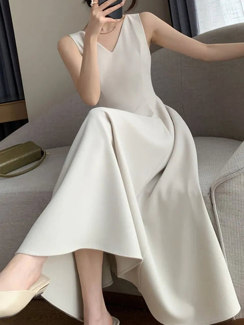 Midi Dress Women Vintage Sleeveless Casual A-Line Elegant Chic Party Fashion Dress