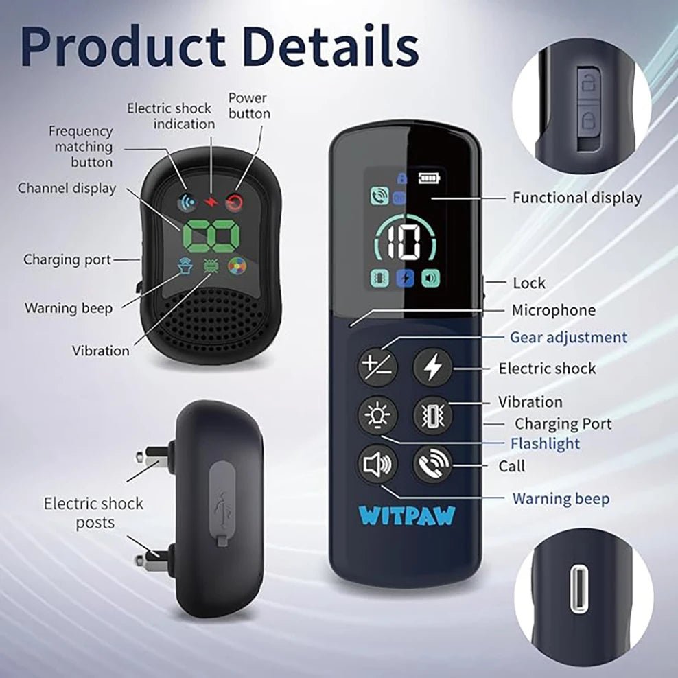 Witpaw remote control device with labeled features on a gray background