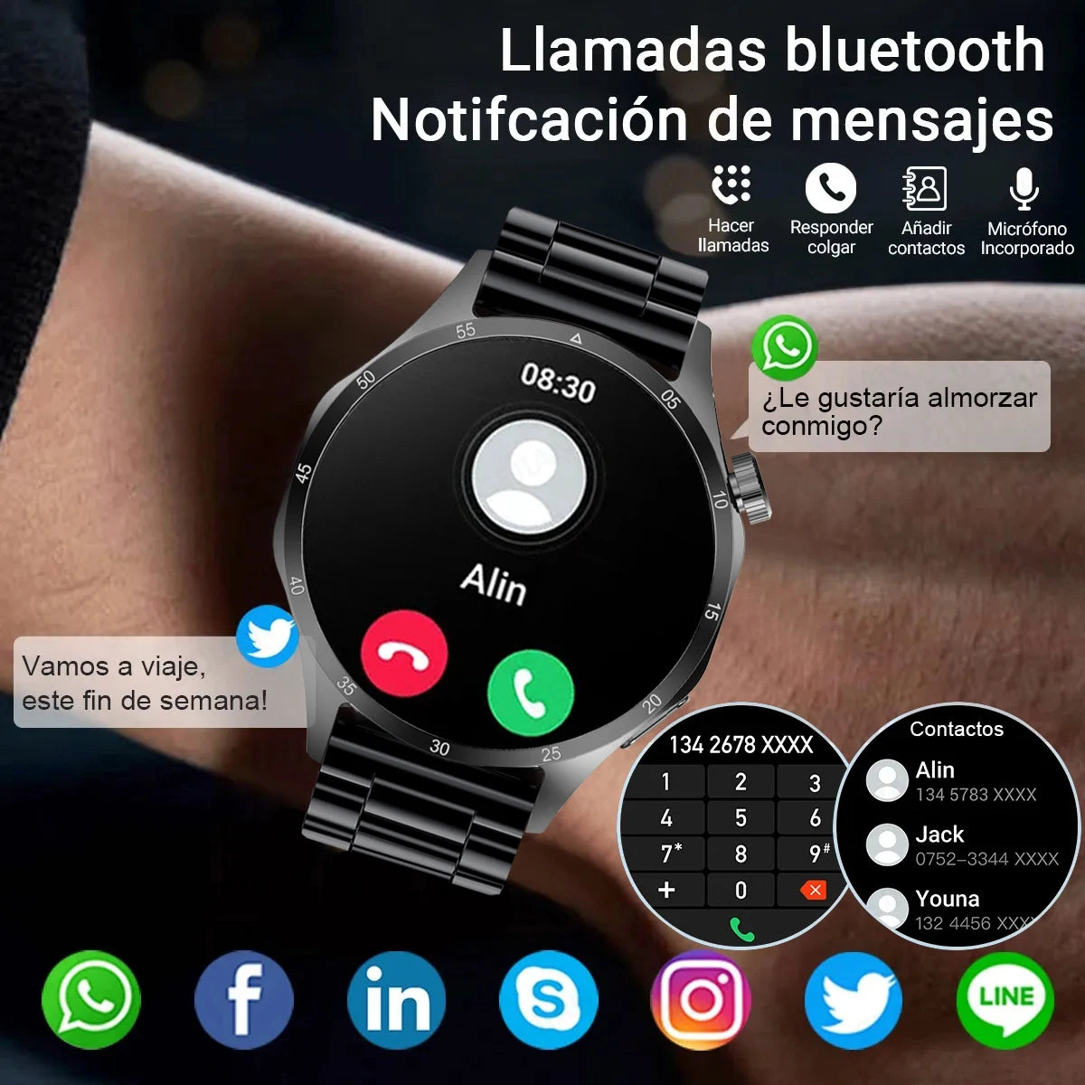 Smartwatch displaying app icons and notifications on a person's wrist.