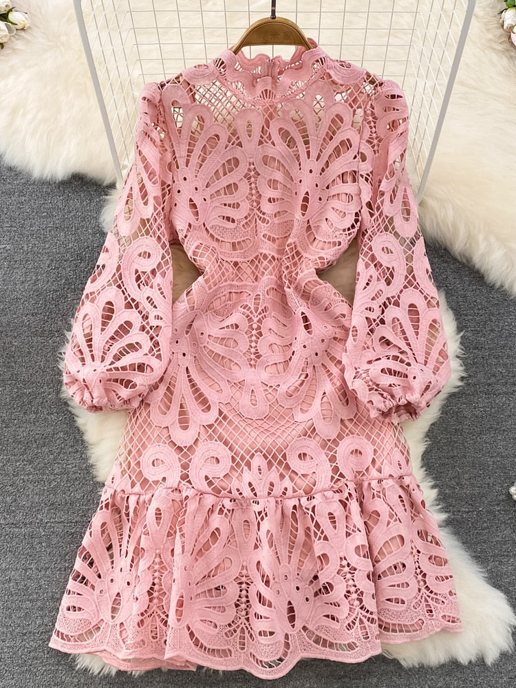 Floral Embroidered Lace Midi Dress Women Hollow Out Puff Ruffle Long S Floral Embroidered Lace Midi Dress Women Hollow Out Puff Ruffle Long S