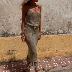 Knitted Camisole Blouse Tassel Skirts Two Piece Knit Sets