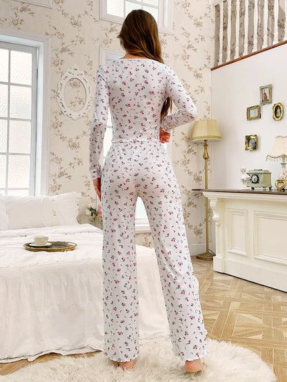 Floral Print Long-Sleeve Pajama Pant Set Nightwear