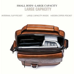 Brown leather backpack with open front pocket showing a laptop, for men