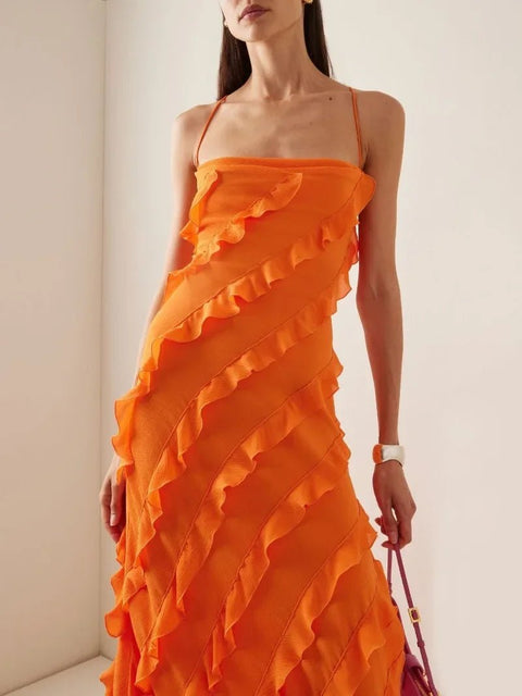 Maxi Dress Women Elegant Side Split Sleeveless Backless Ruffle Formal Evening Wedding Party Spring Summer