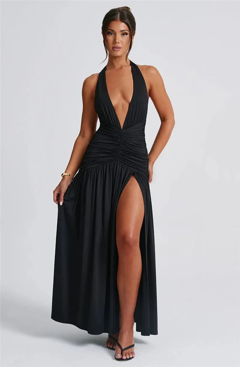 Elegant Halter Maxi Dress with High Slit in Deep Burgundy Black & White Colors