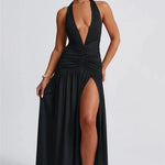 Elegant Halter Maxi Dress with High Slit in Deep Burgundy Black & White Colors