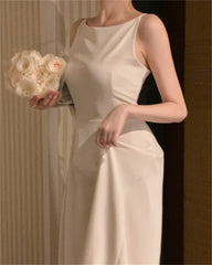 Women's Elegant Long Sleeveless Wedding Guest Bridesmaid Dress A Line Solid Color Prom Dress White/Black