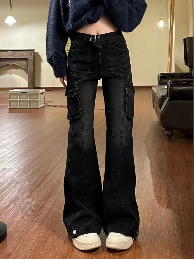 Black Denim Cargo Flare Jeans for Women Y2k Baggy American Retro Slim Pockets Trousers High Street Pants