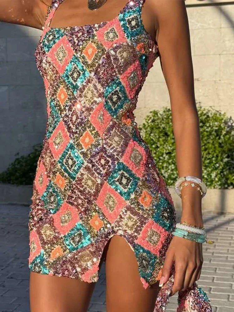 Multicolored patterned dress worn by a person outdoors.