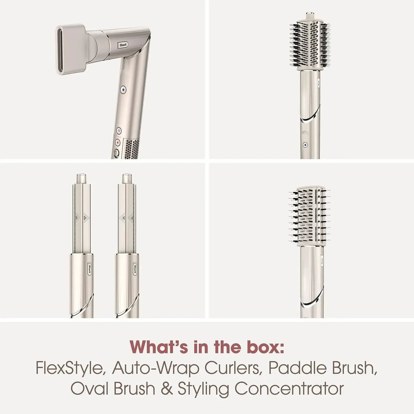 Collage of hair styling tools with text indicating what's included in the box.