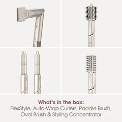 Collage of hair styling tools with text indicating what's included in the box.