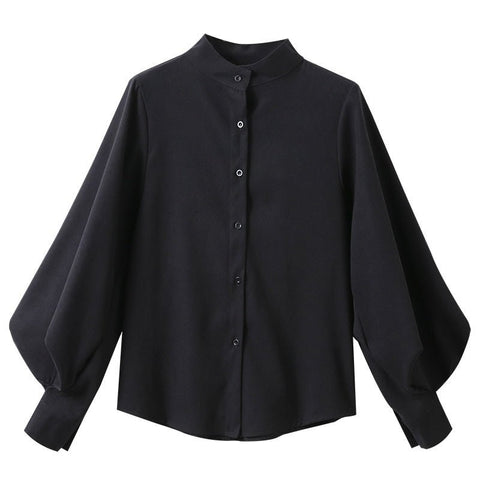 Lantern Sleeve Blouse Women Vintage Single Breasted Button Down Autumn Winter Casual Fashion Top