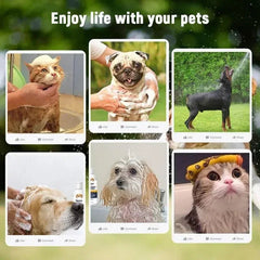 Collage of pets being bathed with text 'Enjoy life with your pets' on a green blurred background