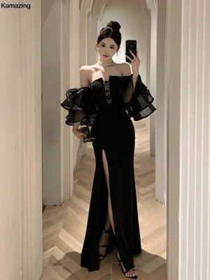 New Fashion Sexy Black Wedding Party Prom Dresses Elegant Slim Waist Side Split Spring Summer Off Shoulder Dress